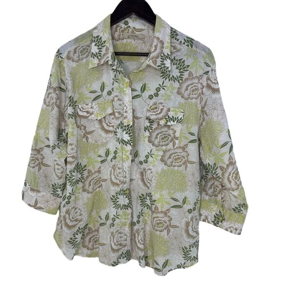 Natural Reflections Treefrog Green Tan Floral Button Up Shirt XL Boho Earthy Top - Picture 1 of 4